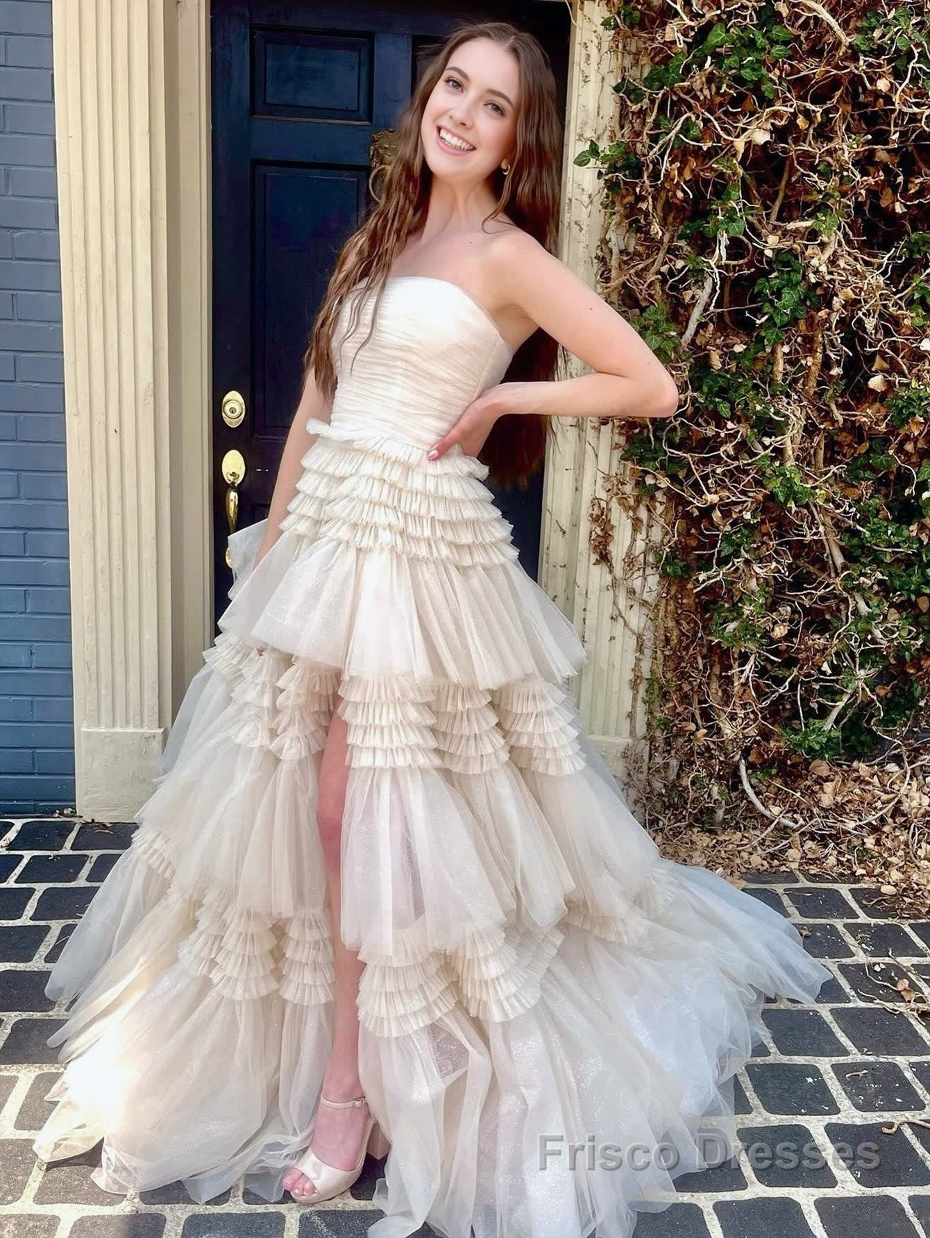 A-Line Strapless Tulle Long Prom Dress with Tiered Ruffles
