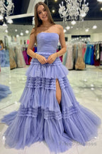 A-Line Strapless Tulle Long Prom Dress with Tiered Ruffles
