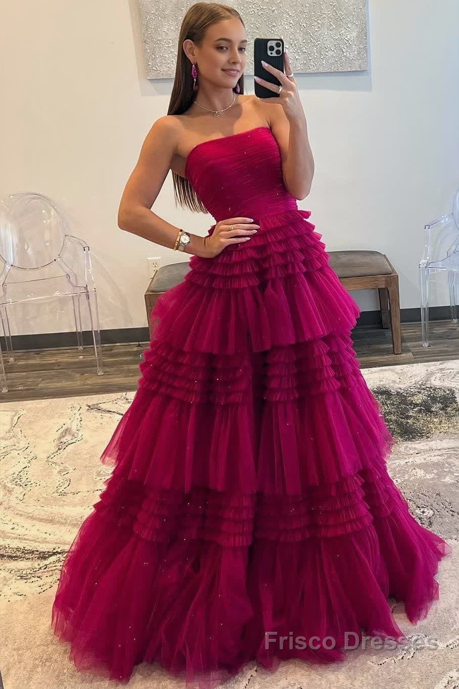 A-Line Strapless Tulle Long Prom Dress with Tiered Ruffles Main image