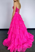 A-Line Strapless V-Neck Tiered Empire-Waist Long Prom Dress