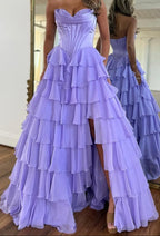 A-Line Strapless V-Neck Tiered Empire-Waist Long Prom Dress