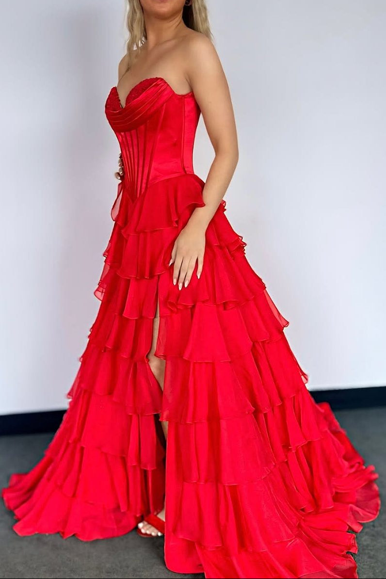 A-Line Strapless V-Neck Tiered Empire-Waist Long Prom Dress