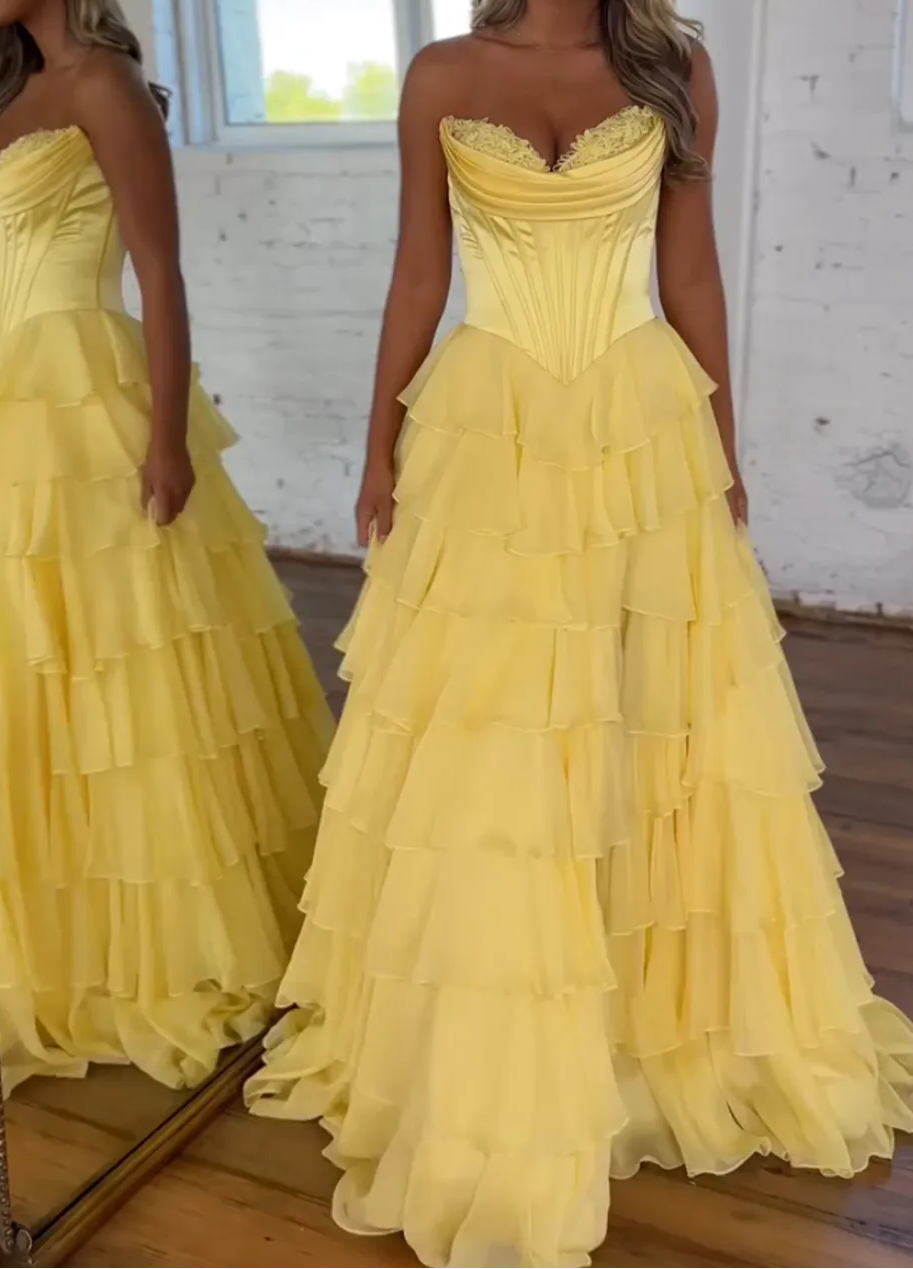 A-Line Strapless V-Neck Tiered Empire-Waist Long Prom Dress Secondary image