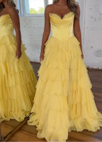 A-Line Strapless V-Neck Tiered Empire-Waist Long Prom Dress
