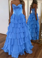 A-Line Strapless V-Neck Tiered Empire-Waist Long Prom Dress