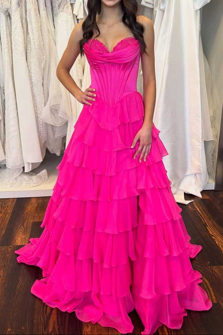 A-Line Strapless V-Neck Tiered Empire-Waist Long Prom Dress