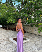 A Line Straps Backless Party Dress Long Lilac Prom Dress