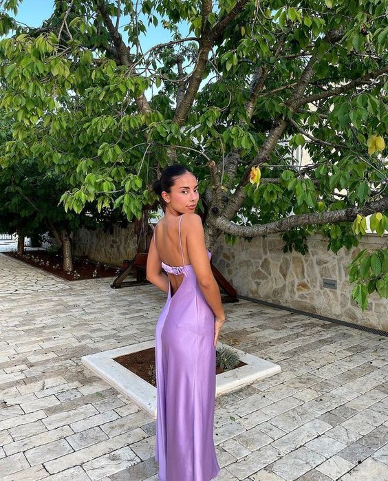 A Line Straps Backless Party Dress Long Lilac Prom Dress