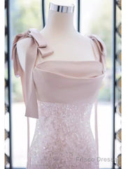 A Line Straps Pink Satin Long Prom Dresses