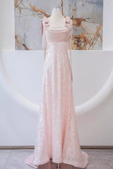 A Line Straps Pink Satin Long Prom Dresses
