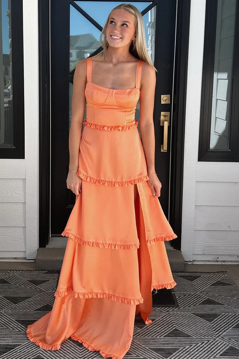 A-Line Straps Scoop Layered Satin Sleeveless Formal Prom Dress With Slit Secondary image