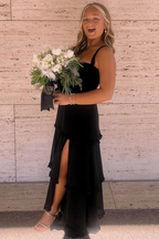 A-Line Straps Scoop Layered Satin Sleeveless Formal Prom Dress With Slit