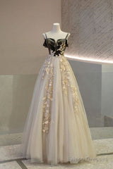 A Line Straps Tulle Long Prom Dress Evening Dresses
