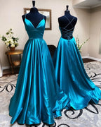 A Line Stretch Satin Emerald Green Formal Prom Dress Spaghetti Straps V Neck Dress