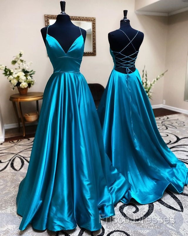 A Line Stretch Satin Emerald Green Formal Prom Dress Spaghetti Straps V Neck Dress