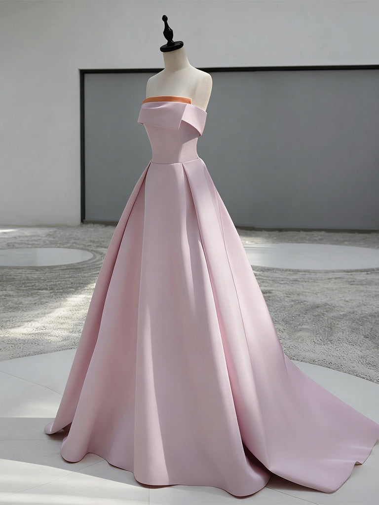 A-Line Sweep Train Satin Dark Pink Long Prom Dress Main image