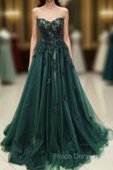 A Line Sweetheart Green Lace Long Formal Prom Dress