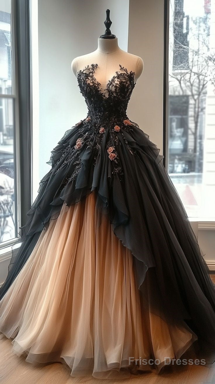 A-Line Sweetheart Neck Beaded Tulle Long Prom Dress Lace Applique Wedd