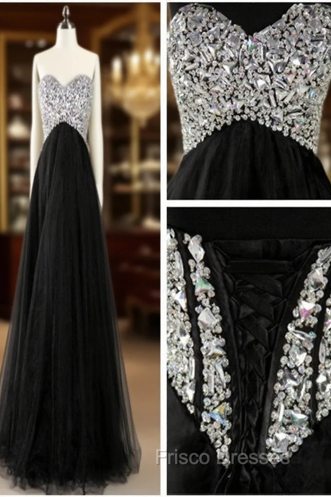 A Line Sweetheart Neck Black Floor Length Long Formal Prom Dress, Black Formal Dress