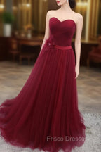 A-Line Sweetheart Neck Burgundy Long Formal Prom Dress, Burgundy Bridesmaid Dress