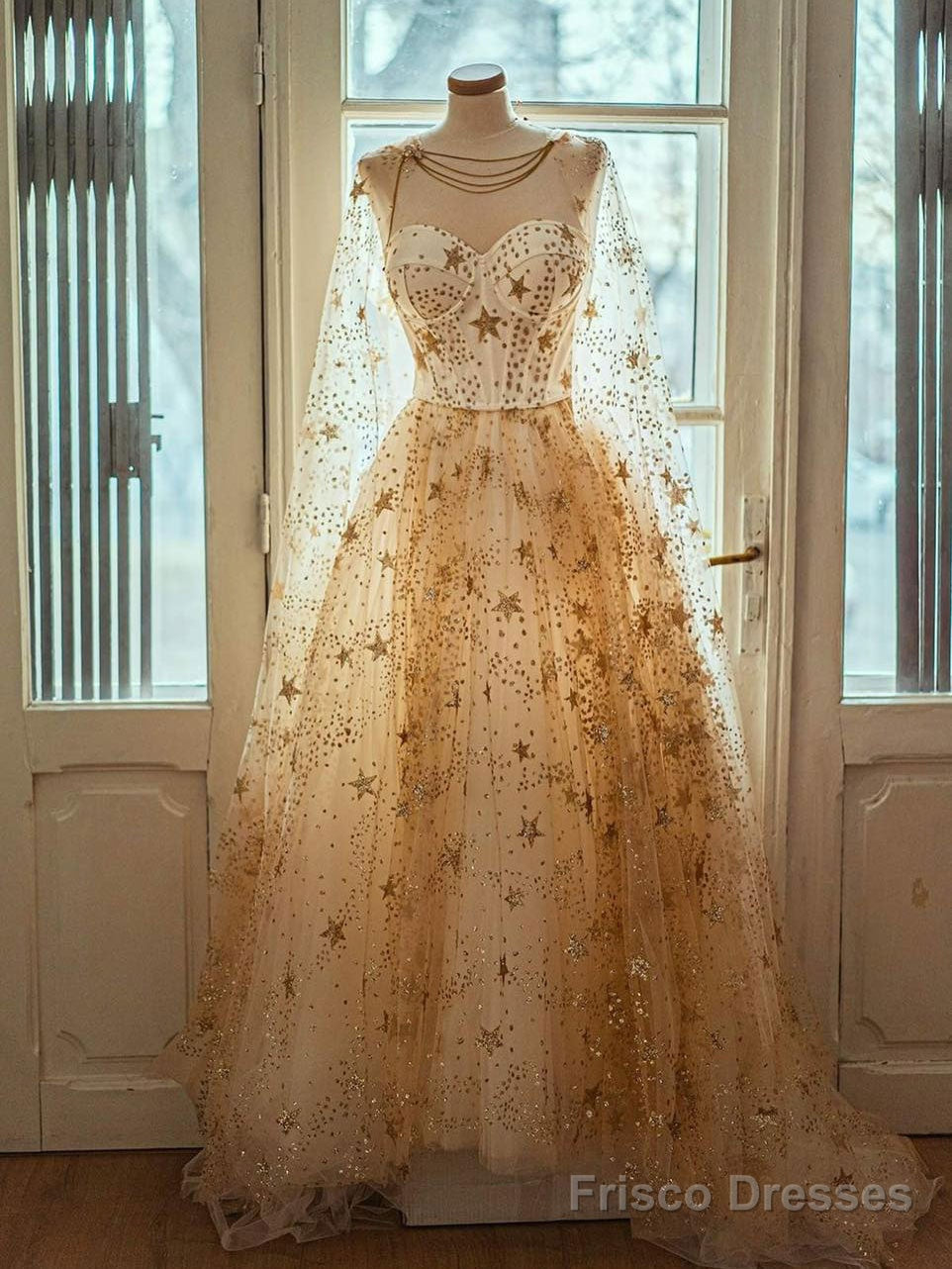 A-Line Sweetheart Neck Champagne Tulle Long Prom Dress, Champagne Long Formal Dress Main image