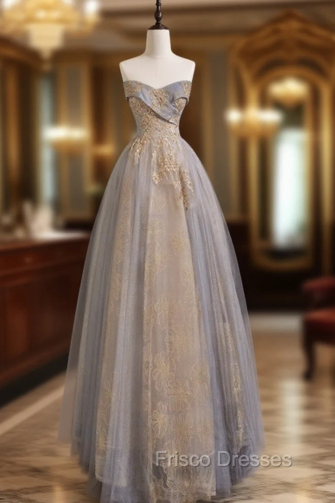 A Line Sweetheart Neck Gray Blue Long Formal Prom Dress, Gray Court Train Blue Formal Gowns Main image