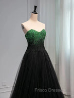 A Line Sweetheart Neck Green Beads Black Tulle Long Formal Prom Dress Evening Dress