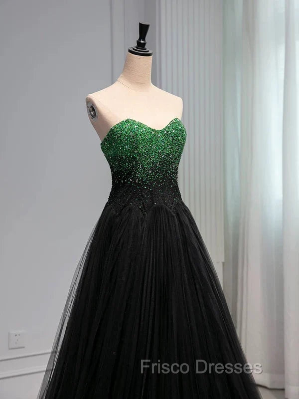 A Line Sweetheart Neck Green Beads Black Tulle Long Formal Prom Dress Evening Dress