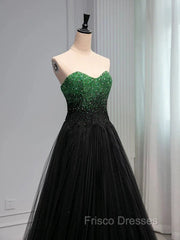A Line Sweetheart Neck Green Beads Black Tulle Long Formal Prom Dress Evening Dress