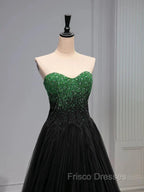 A Line Sweetheart Neck Green Beads Black Tulle Long Formal Prom Dress Evening Dress