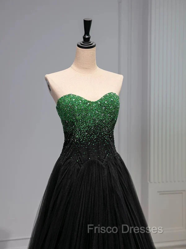 A Line Sweetheart Neck Green Beads Black Tulle Long Formal Prom Dress Evening Dress