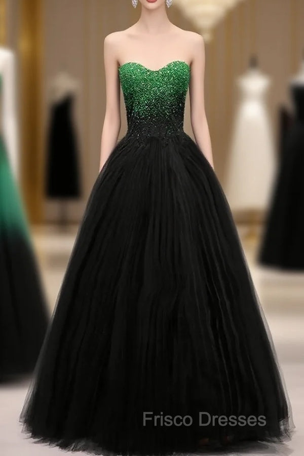 A Line Sweetheart Neck Green Beads Black Tulle Long Formal Prom Dress Evening Dress Main image