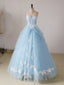 A-Line Sweetheart Neck Lace Blue Long Prom Dress, Blue Long Sweet 16 Dress