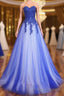 A Line Sweetheart Neck Lace Tulle Blue Long Formal Prom Dresses, Blue Formal Dresses, Blue Lace Evening Dresses