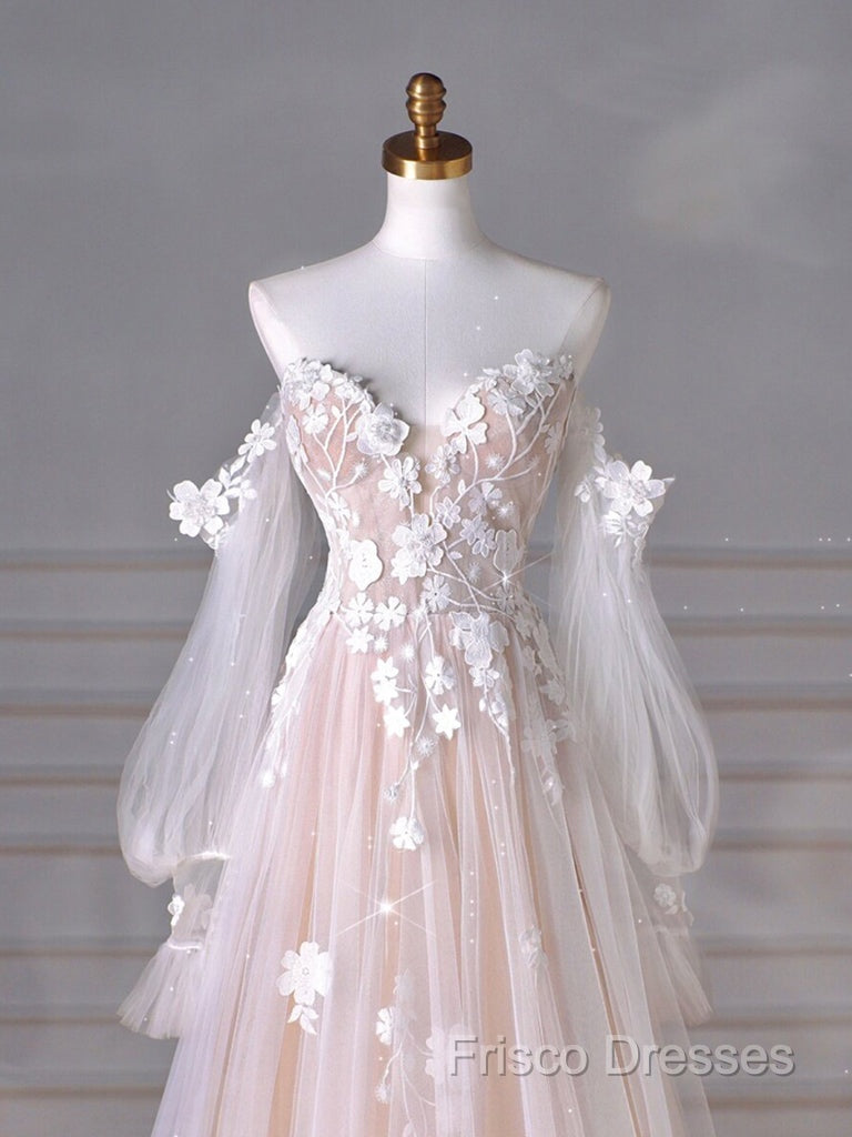 A-Line Sweetheart Neck Long Sleeve Lace Tulle Light Champagne Long Formal Prom Dress Secondary image