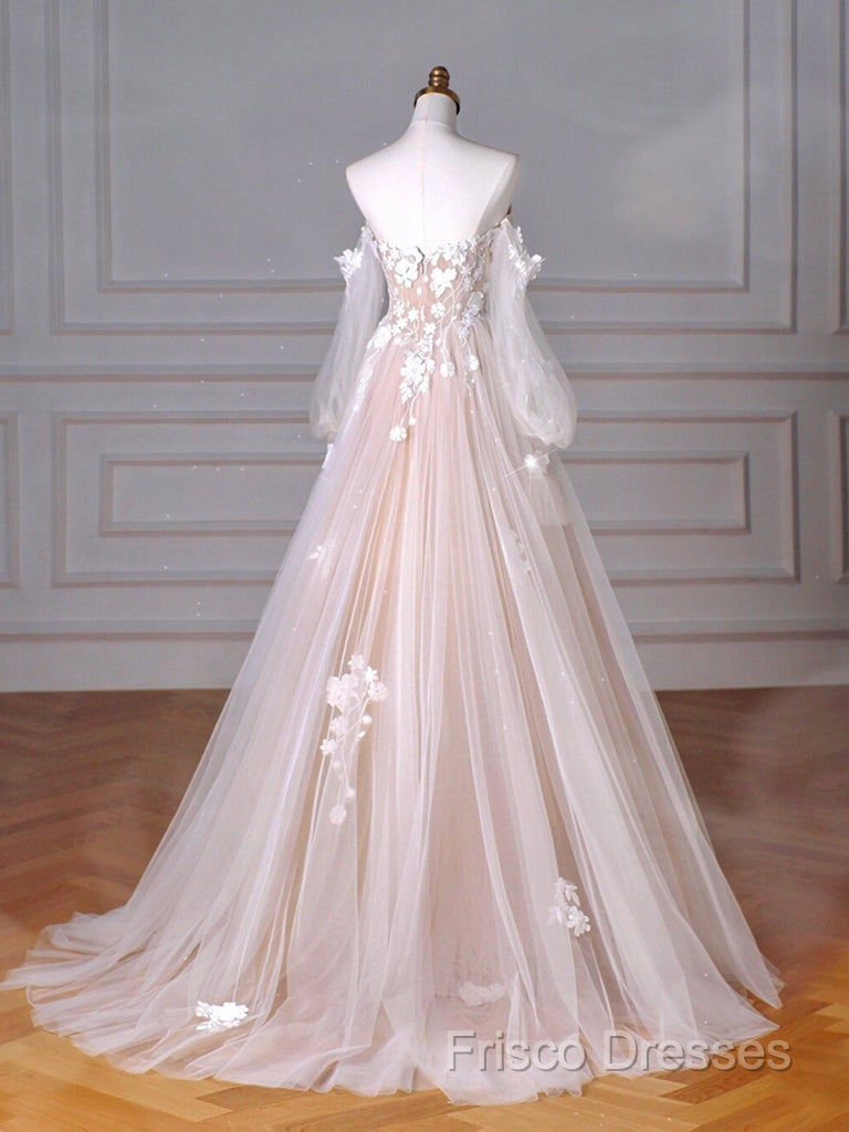 A-Line Sweetheart Neck Long Sleeve Lace Tulle Light Champagne Long Formal Prom Dress