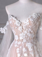 A-Line Sweetheart Neck Long Sleeve Lace Tulle Light Champagne Long Formal Prom Dress