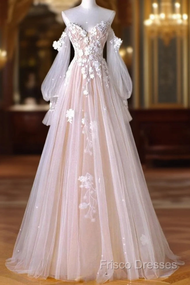 A-Line Sweetheart Neck Long Sleeve Lace Tulle Light Champagne Long Formal Prom Dress