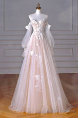A-Line Sweetheart Neck Long Sleeve Lace Tulle Light Champagne Long Prom Dress