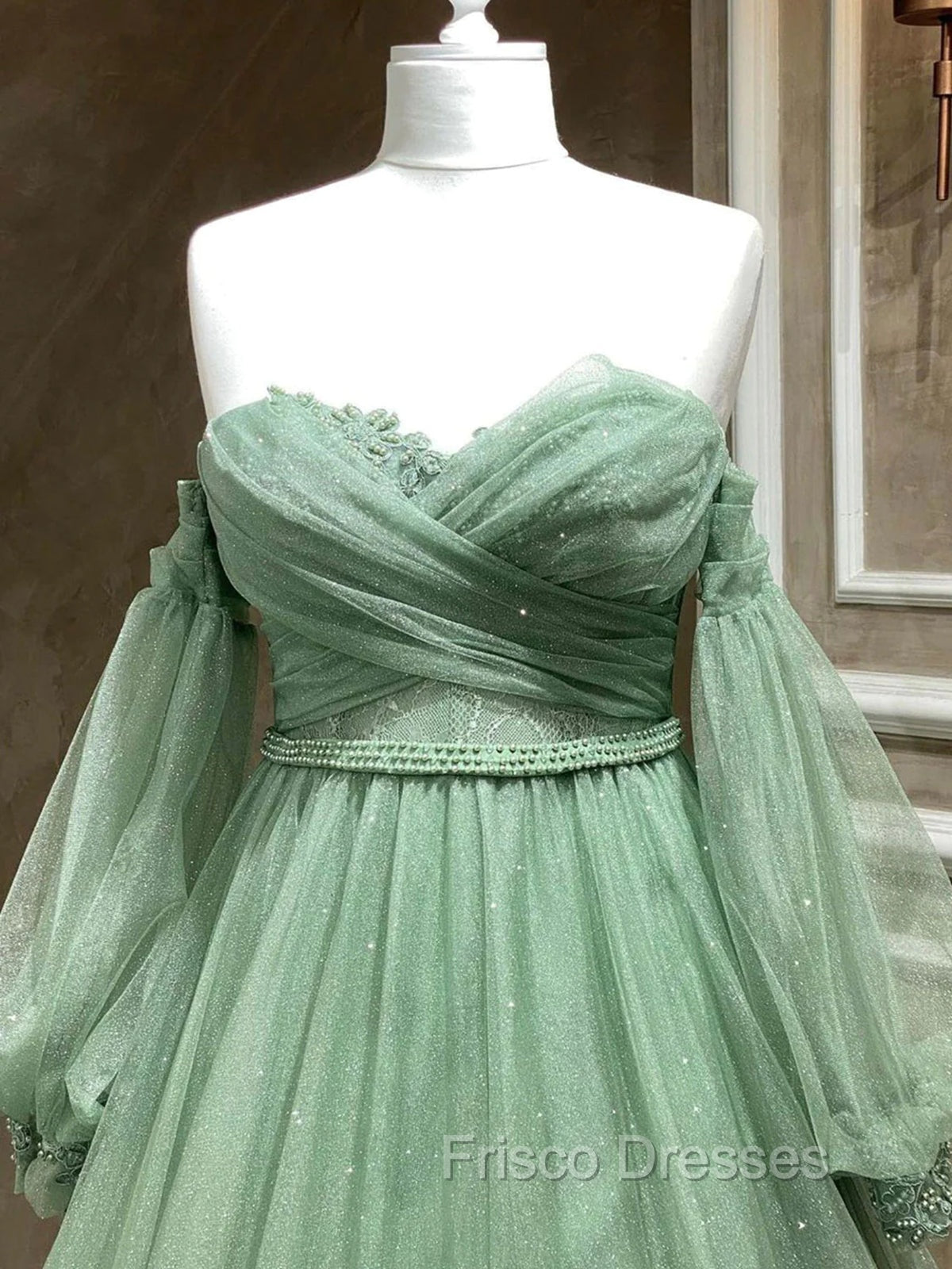 A Line Sweetheart Neck Long Sleeves Green Tulle Long Formal Prom Dress, Long Green Formal Evening Dress