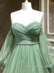 A Line Sweetheart Neck Long Sleeves Green Tulle Long Formal Prom Dress, Long Green Formal Evening Dress
