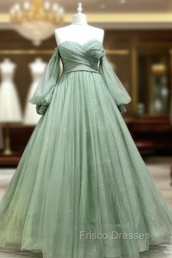 A Line Sweetheart Neck Long Sleeves Green Tulle Long Formal Prom Dress, Long Green Formal Evening Dress Main image