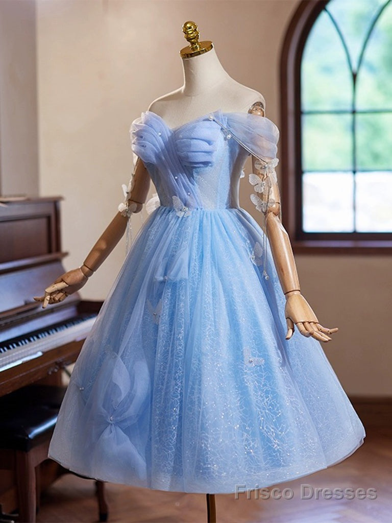 A-Line Sweetheart Neck Off Shoulder Blue Short Prom Dress With Beads Secondary image