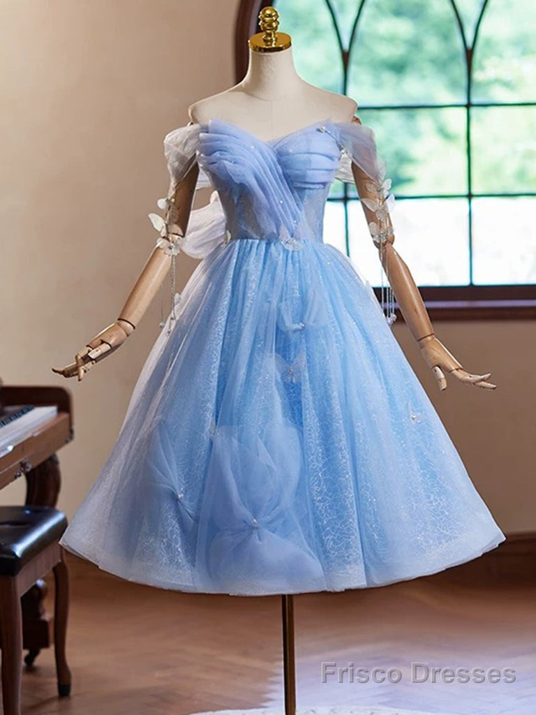 A-Line Sweetheart Neck Off Shoulder Blue Short Prom Dress With Beads Main image
