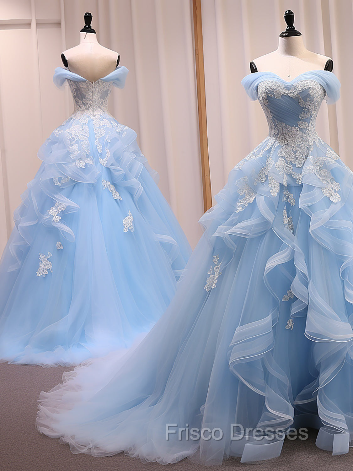 A-Line Sweetheart Neck Off Shoulder Tulle Lace Blue Long Formal Prom Dress, Blue Sweet 16 Dress Secondary image