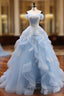 A-Line Sweetheart Neck Off Shoulder Tulle Lace Blue Long Formal Prom Dress, Blue Sweet 16 Dress