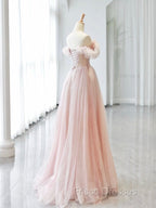 A-Line Sweetheart Neck Off Shoulder Tulle Pink Long Formal Prom Dress, Pink Long Formal Dress