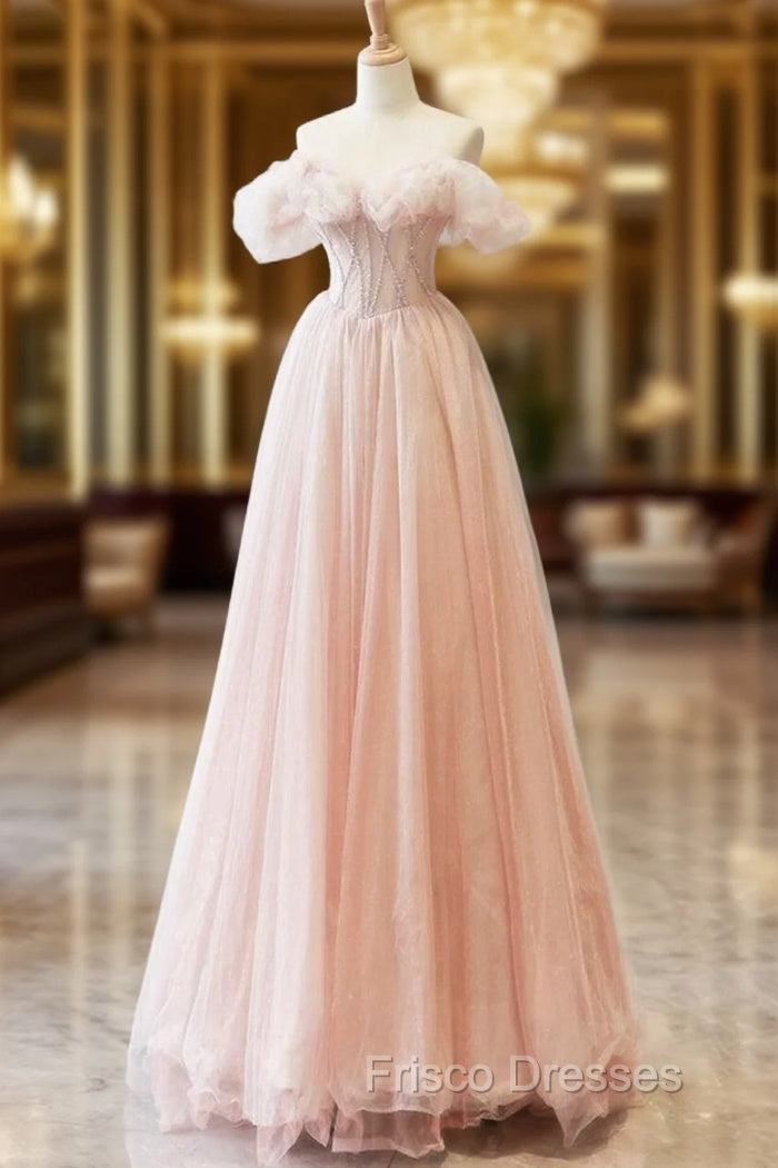 A-Line Sweetheart Neck Off Shoulder Tulle Pink Long Formal Prom Dress, Pink Long Formal Dress Main image