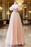 A-Line Sweetheart Neck Off Shoulder Tulle Pink Long Formal Prom Dress, Pink Long Formal Dress
