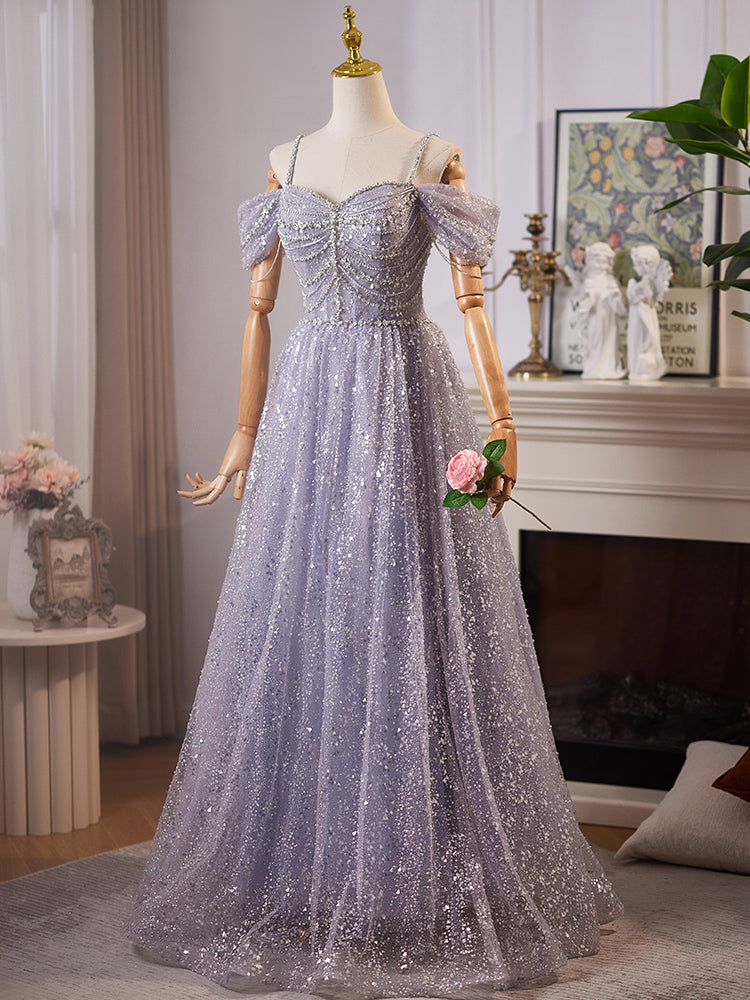 A-Line Sweetheart Neck Off Shoulder Tulle Sequin Gray Blue Long Prom Dress Secondary image